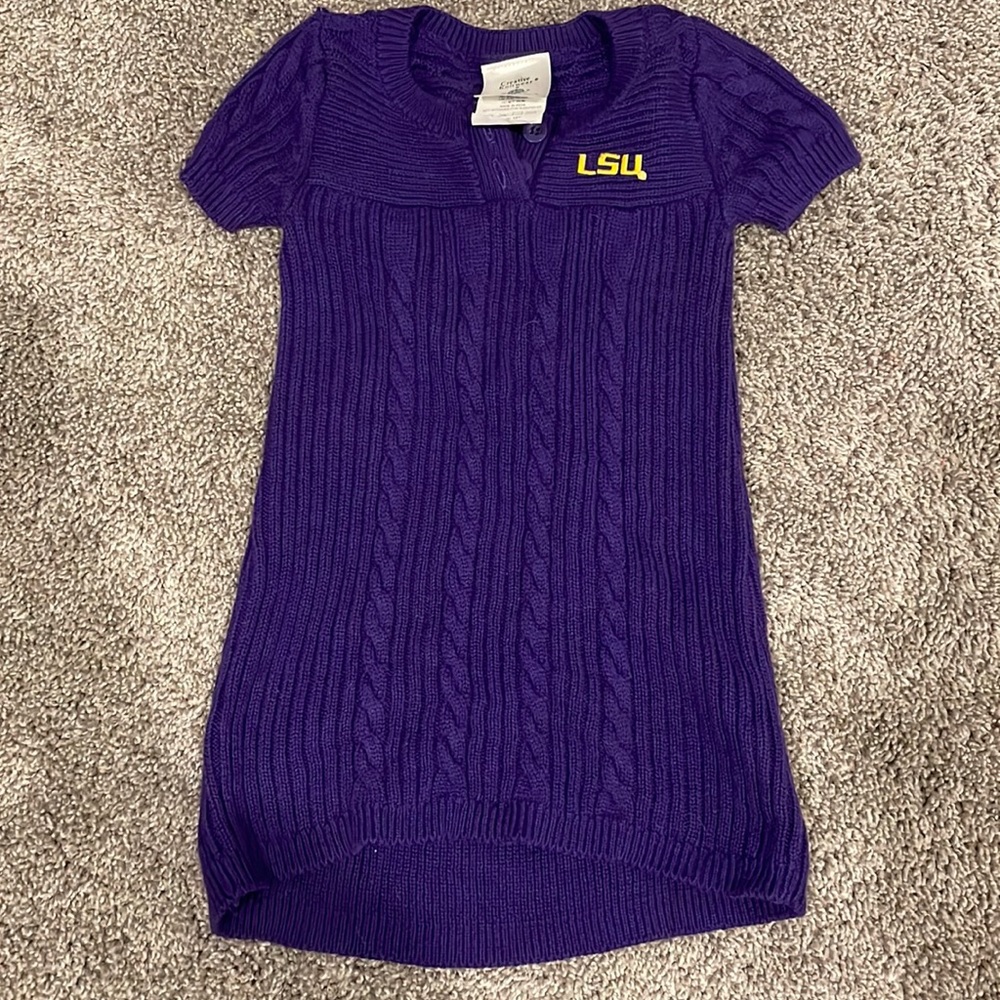 Purple LSU toddler shirt sleeve sweater dress